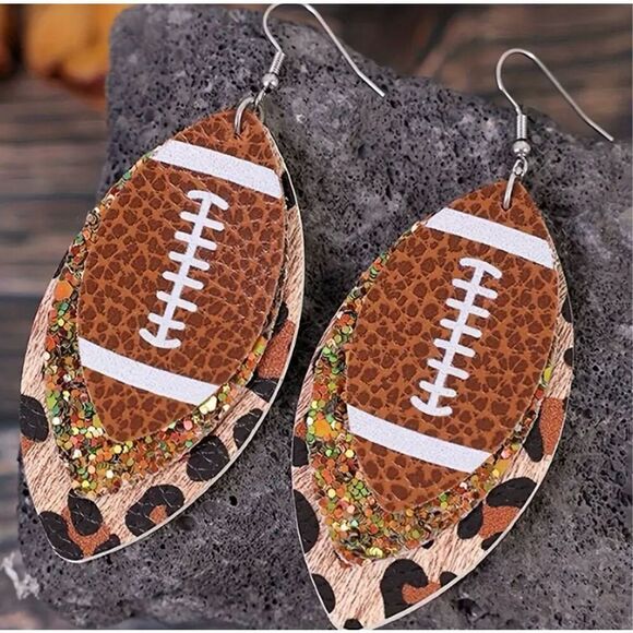 NWT 3 Layered Leather Glitter Leopard Football Print Dangle Earrings - Picture 5 of 6